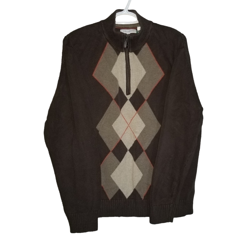 Alex Cannon 1/4 Zip Cotton Knit Pullover Grandpa Sweater Argyle Design Size XL